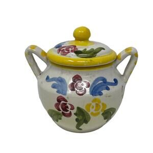 Vintage 1940s Italian Pottery Sugar Bowl Mojolica Made In Italy Hand Painted